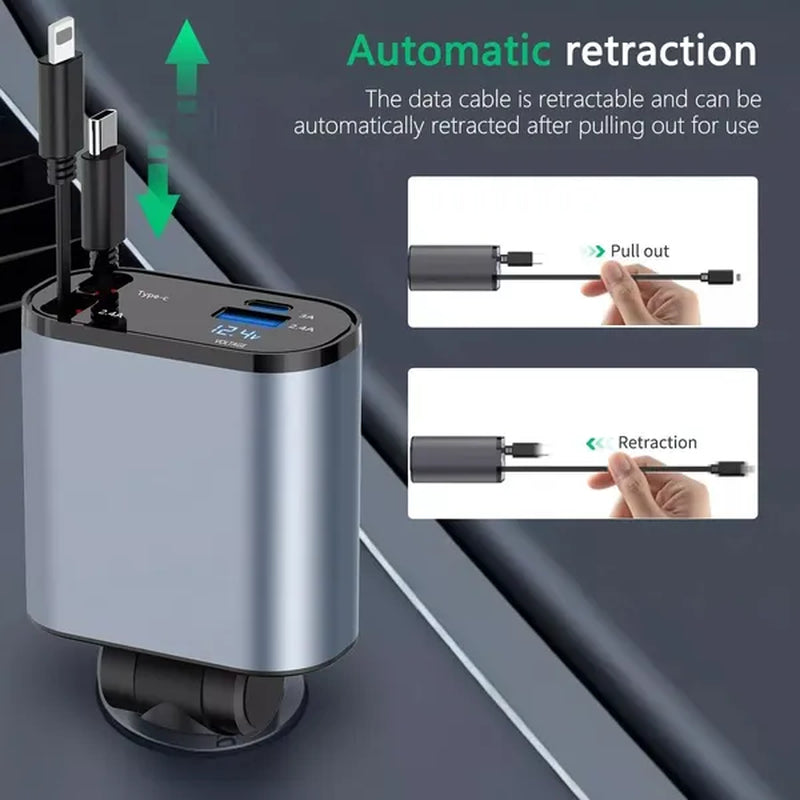 Car USB Cigarette Lighter Fast Charger (120W 4-Port Retractable Cable),