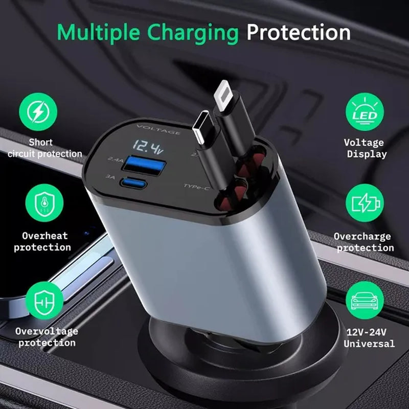 Car USB Cigarette Lighter Fast Charger (120W 4-Port Retractable Cable),