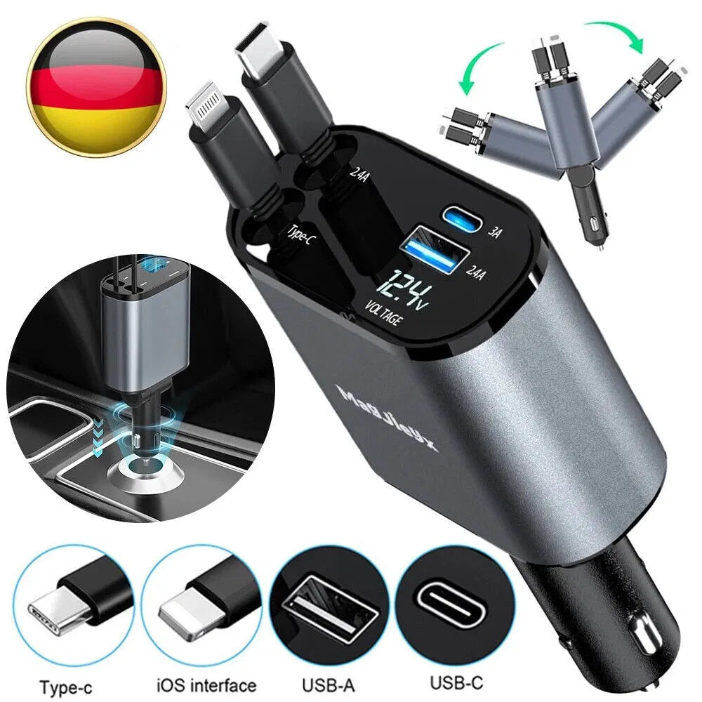 Car USB Cigarette Lighter Fast Charger (120W 4-Port Retractable Cable),
